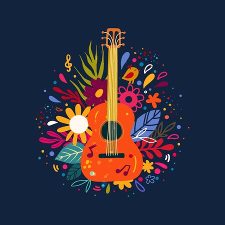 Guitar flat hand drawn vector illustration. Musical instruments shop, store poster design idea. Cartoon guitar with flowers and leaves. Rock band performance, concert banner templateのイラスト素材