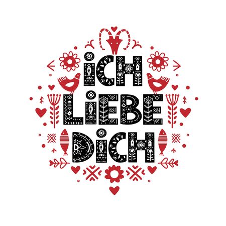 Ich Liebe Dich Calligraphy Template in German. Lettering poster Ich Liebe Dich in ethnic folk style.のイラスト素材