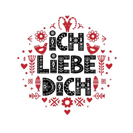 Ich Liebe Dich Calligraphy Template in German. Lettering poster Ich Liebe Dich in ethnic folk style.の素材 [FY310140972850]