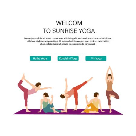 Health and Yoga landing web page template. Online yoga school webpage interface. Competitive game website design layout. Active lifestyle web banner concept. Woman does yoga exercise, yoga pose.のイラスト素材