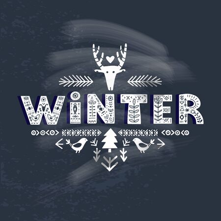 Winter lettering on blackboard in ethnic folk style. Hand drawn typographic inscriptions. Winter lettering with Scandinavian floral ornament. Bold type letters with ethnic decorative leaves, flowers.のイラスト素材