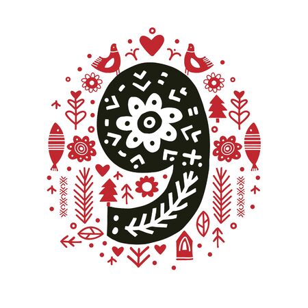 Creative number nine 9 with folk motives - scandinavian. Vector illustration.のイラスト素材