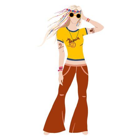Hippie girl in a white t-shirt and blue jeans isolated on white background. Subculture. Cartoon. Hand-Drawn Flat Vector illustration.のイラスト素材