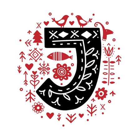 Creative letter J with folk motives - scandinavian. Vector illustration.のイラスト素材