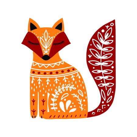 Cute orange folk art fox on white background. Hand drawn vector illustration in Scandinavian, Nordic style. Good for t-shirt design, gift card, kids products, poster or textile design.のイラスト素材