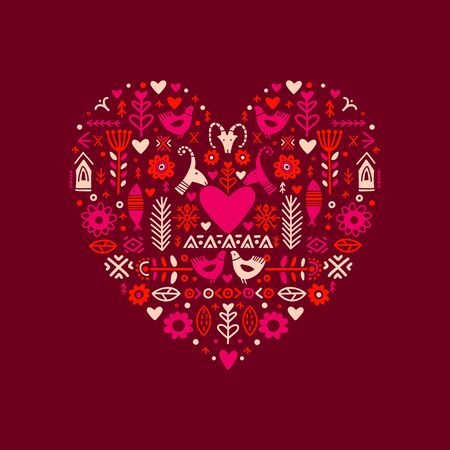 I Love You poster in ethnic folk style on red background. Folk Heat. Happy Valentines Day design. Trendy handwritten illustration for t-shirt design, poster or save the date card design.のイラスト素材