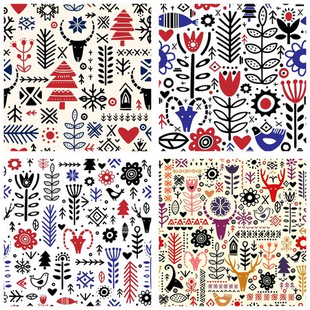 Set of Four Abstract plants and deer in nordic style handdrawn seamless pattern. Abstract cartoon flowers on dark background. Textile, wallpaper, wrapping paper design ideaのイラスト素材