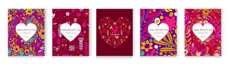 Set Flowers postcards with abstract flowers and branch. Trends colors. Valentines Day vector greeting card. Love and dating postcard. Engagement, wedding celebration banner.のイラスト素材