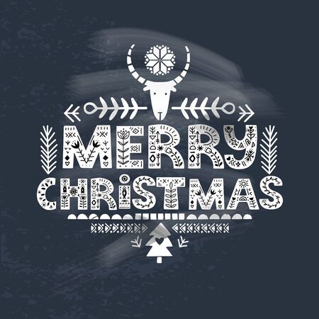 Merry Christmas lettering on blackboard in ethnic folk style. Hand drawn typographic inscriptions. Merry Christmas lettering with Scandinavian floral ornament.のイラスト素材