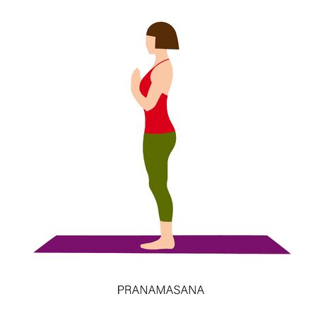 Yogi woman in Pranamasana or Prayer Pose. Female cartoon character practicing Hatha yoga. Girl demonstrating exercise during gymnastics training. Flat vector illustration.のイラスト素材