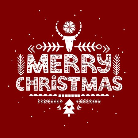 Merry Christmas lettering on blackboard in ethnic folk style. Hand drawn typographic inscriptions. Merry Christmas lettering with Scandinavian floral ornament.のイラスト素材