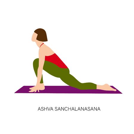 Yogi woman in Ashva Sanchalanasana or Rider pose. Female cartoon character practicing Hatha yoga. Girl demonstrating exercise during gymnastics training. Flat vector illustration.のイラスト素材