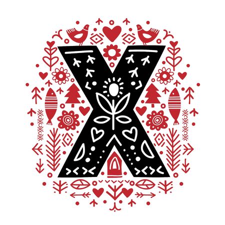 Creative letter X with folk motives - scandinavian. Vector illustration.のイラスト素材