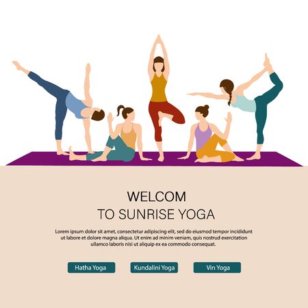 Health and Yoga landing web page template. Online yoga school webpage interface. Competitive game website design layout. Active lifestyle web banner concept. Woman does yoga exercise, yoga pose.のイラスト素材