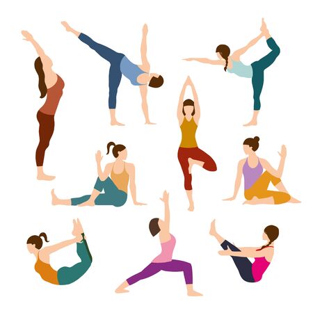 Silhouettes girl practicing yoga stretching exercises. Shapes of woman doing yoga fitness workout. Set off yoga positions. Female cartoon character practicing Hatha yoga. Flat vector illustrationのイラスト素材
