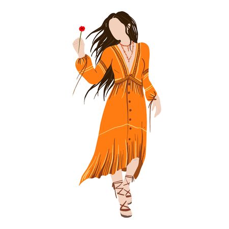 Slim Hippie girl in orange boho dress isolated on white background. Subculture. Cartoon. Hand-Drawn Flat Vector illustration.のイラスト素材