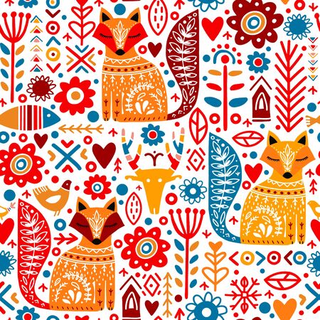 Folk plants, fox, deer, flowers seamless pattern.のイラスト素材
