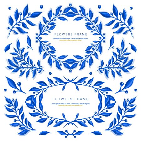 Illustration set with blue gzhel floral motifのイラスト素材