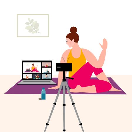 Stay home concept. Online yoga with instructorのイラスト素材