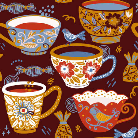 Tea mug vector texture pattern. Teatime Seamless pattern.のイラスト素材