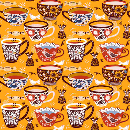 Tea mug vector texture pattern. Teatime Seamless pattern.のイラスト素材