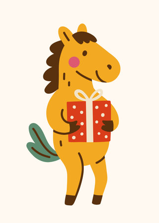 Cute cartoon horse with Christmas gift box.のイラスト素材