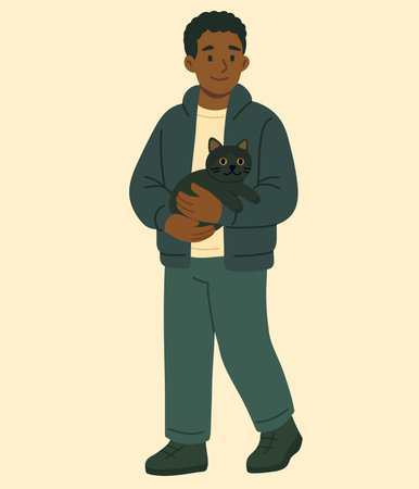 Young man holding a black cat in a cozy style.のイラスト素材