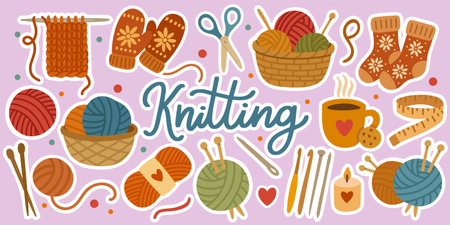 Knitting sticker set with cute yarn and tools.のイラスト素材
