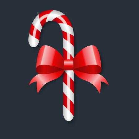 Candy cane with red bow Isolated on white background. Christmas decor. Vector illustration.のイラスト素材