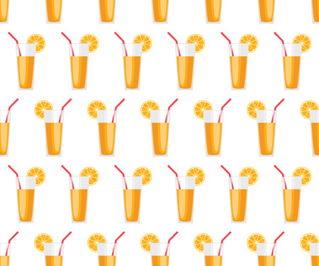 Fresh in a glass with a slice of orange and a straw. Bright summer seamless pattern. Vector illustration.のイラスト素材
