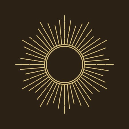 Silhouette of the sun, golden rays of the sun. Isolated vintage symbol on a black background. Vector illustration.のイラスト素材