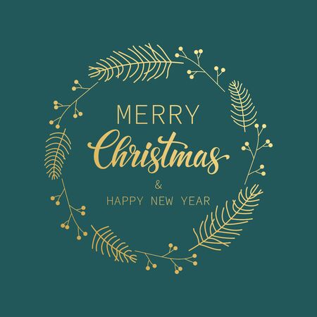 Merry Christmas and Happy New Year. Golden Christmas wreath on a green background, winter pattern Vector illustration.のイラスト素材