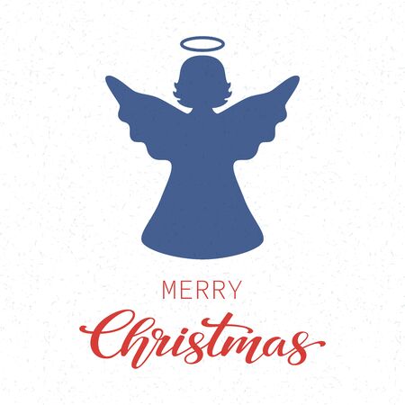 Merry Christmas holiday greeting card. Blue angel figure isolated on white background. Vector illustration.のイラスト素材