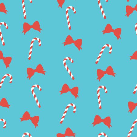 Festive seamless Christmas pattern. Candy cane and ribbon on a blue background. Vector illustration winter decor.のイラスト素材