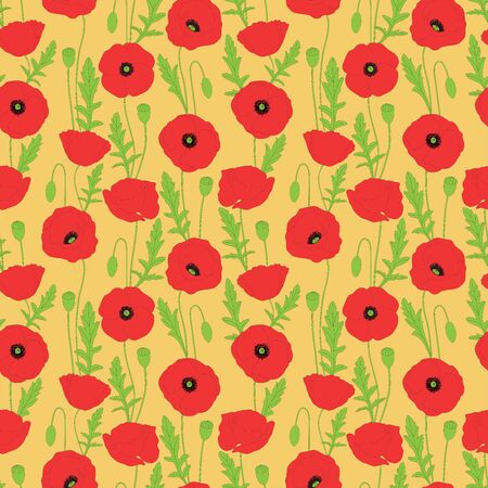 Beautiful red poppy flowers on a yellow background. Bright seamless vector pattern.のイラスト素材