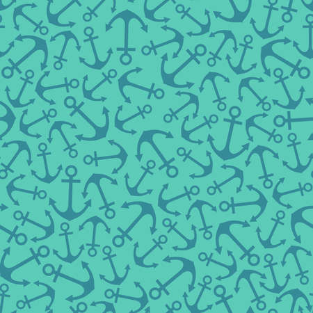 Cute seamless marine pattern with anchor, lighthouse, steering, boat on a blue background. Vector...