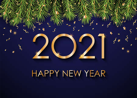 2021 Happy New Year gold text on blue background. Winter background. Christmas tree and confetti...