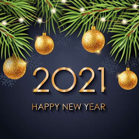 2021 Happy New Year gold text on a blue background. Christmas tree decorated with garland. Vector...