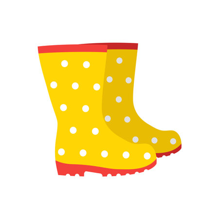 Yellow rubber boots on a white background. Seasonal bright shoes. Vector illustration in flat cartoon style.のイラスト素材