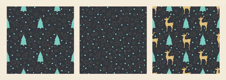 Vector set Christmas seamless patterns. Landscape, trees, deer on a dark background. Design for gift...