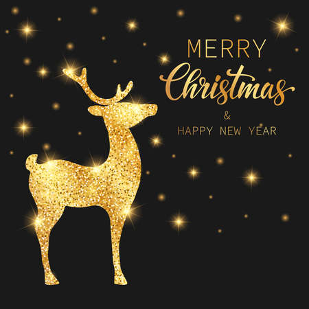 Merry Christmas and Happy New Year. Gold deer on a black background. Festive vector illustration for your design.のイラスト素材