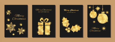 Merry Christmas and happy new year greeting card. Set with gift box, snowflakes, holly berry. Vector illustration.のイラスト素材