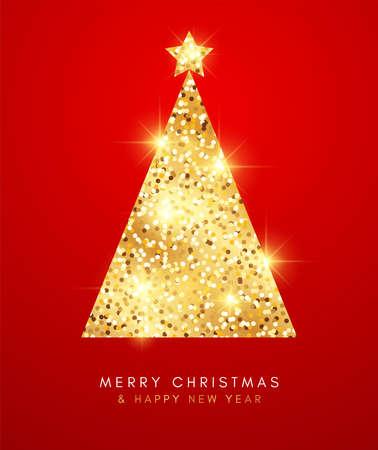 Merry Christmas and Happy New Year greeting card. Christmas tree on a red background. Vector Illustration.のイラスト素材