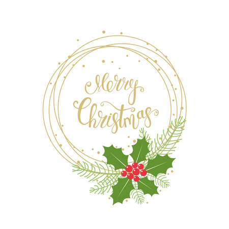 Merry Christmas greeting card. Christmas wreath from holly and spruce. Vector Illustration.のイラスト素材