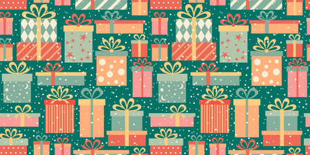 Seamless pattern, Christmas gift box and snowflakes on a green background. Vector illustration.