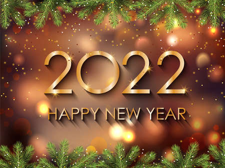 Golden text 2022 Happy New Year greeting card, invitation, holiday background. Vector illustration.