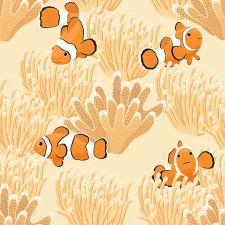 Cute clown fish, anemone, coral, vector seamless pattern. Ornament for gift wrapping paper, fabric, clothing, textile.のイラスト素材