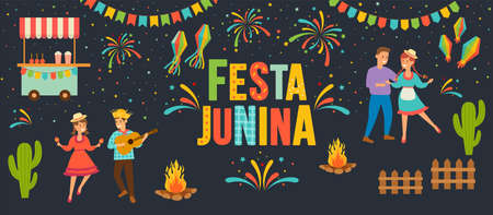 Latin American holiday Festa Junina traditional Brazilian symbols of party flags and paper lanterns, corn, guitar, bonfire, fun dancing people, festive fireworks.のイラスト素材