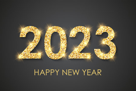 2023 Happy New Year text for greeting card on black background. vector illustration.