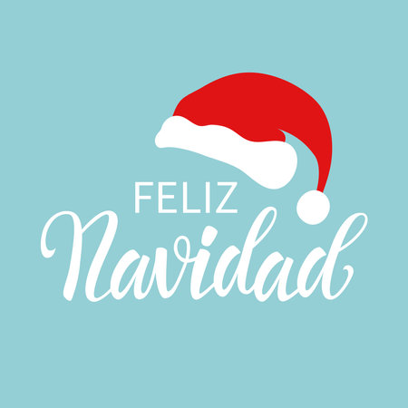 greeting card. Feliz Navidad - Merry Christmas in Spanish text for card for your design. red hat. vector illustration.のイラスト素材